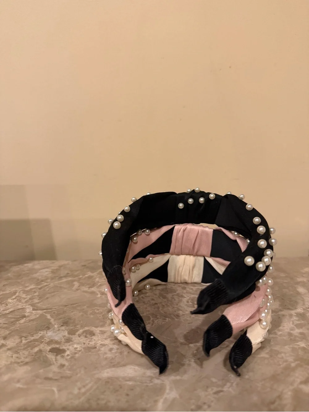 Pearl-Embellished Knot Headband - Black, Pink, Cream